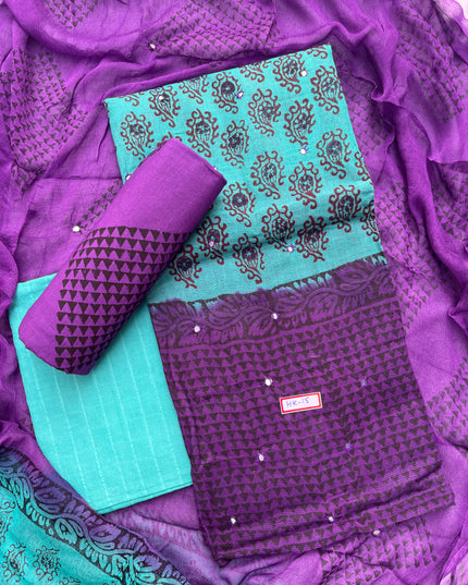 Mirror Work Kota Dress Material – Sea Blue with Lining | Georgette Dupatta & Cotton Bottom | Festive & Party Wear Fabric Set