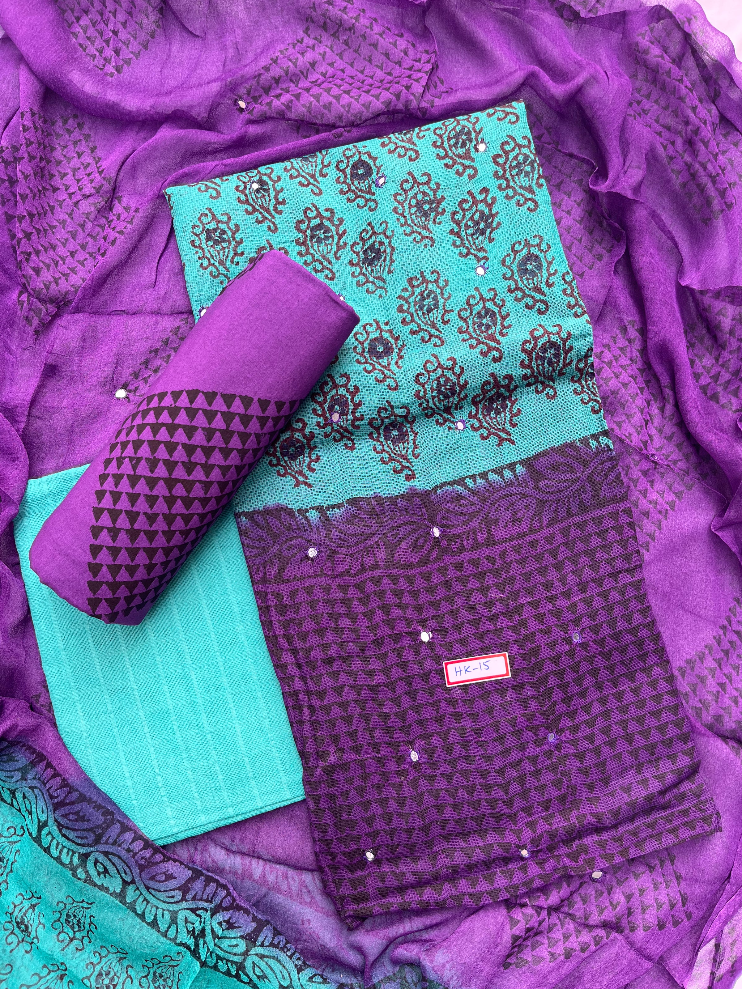 Mirror Work Kota Dress Material – Sea Blue with Lining | Georgette Dupatta & Cotton Bottom | Festive & Party Wear Fabric Set
