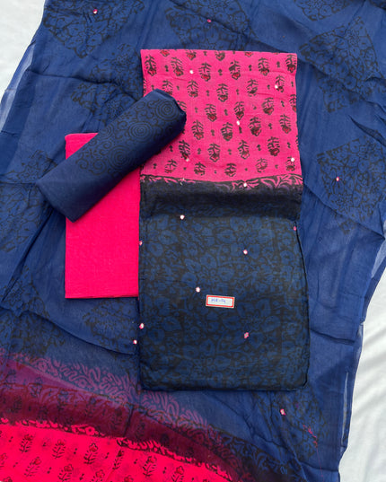 Mirror Work Kota Dress Material – Dark Pink with Lining | Georgette Dupatta & Cotton Bottom | Festive & Party Wear Fabric Set