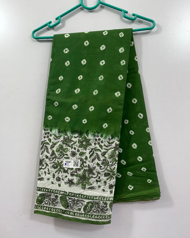 Small Bandhani 120Count Premium Cotton Saree With Green Colour one side border