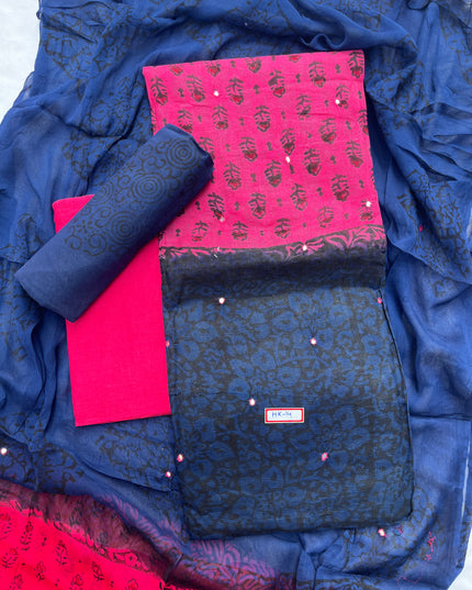 Mirror Work Kota Dress Material – Dark Pink with Lining | Georgette Dupatta & Cotton Bottom | Festive & Party Wear Fabric Set