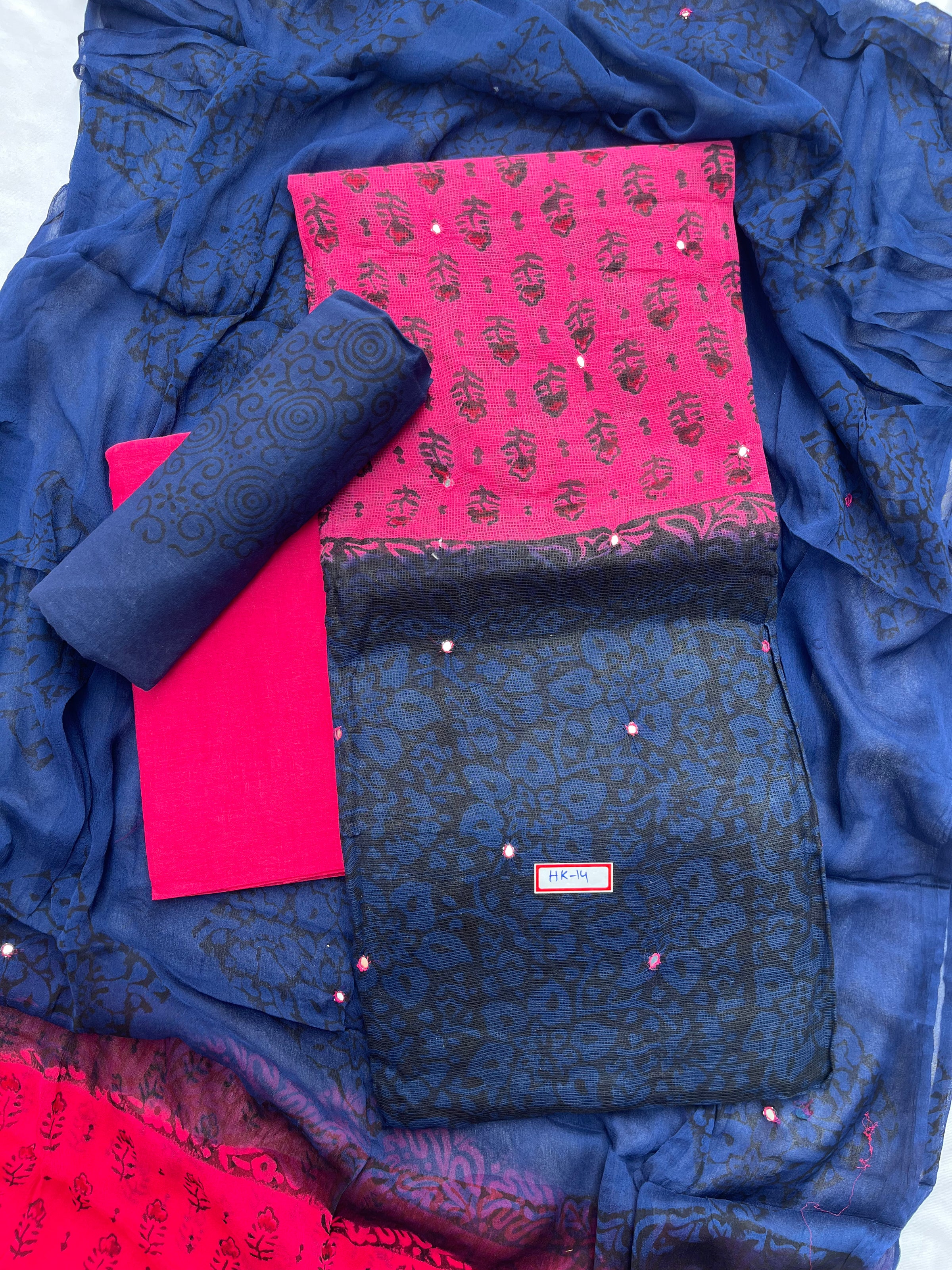 Mirror Work Kota Dress Material – Dark Pink with Lining | Georgette Dupatta & Cotton Bottom | Festive & Party Wear Fabric Set