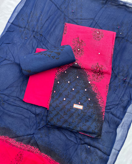 Mirror Work Kota Dress Material – Dark Pink with Lining | Georgette Dupatta & Cotton Bottom | Festive & Party Wear Fabric Set