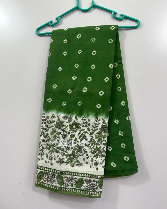 Small Bandhani 120Count Premium Cotton Saree With Green Colour one side border