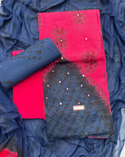 Mirror Work Kota Dress Material – Dark Pink with Lining | Georgette Dupatta & Cotton Bottom | Festive & Party Wear Fabric Set