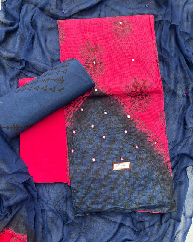 Mirror Work Kota Dress Material – Dark Pink with Lining | Georgette Dupatta & Cotton Bottom | Festive & Party Wear Fabric Set