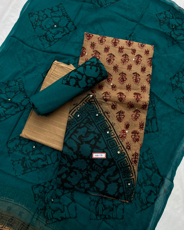 Mirror Work Kota Dress Material – Brown with Lining | Georgette Dupatta & Cotton Bottom | Festive & Party Wear Fabric Set