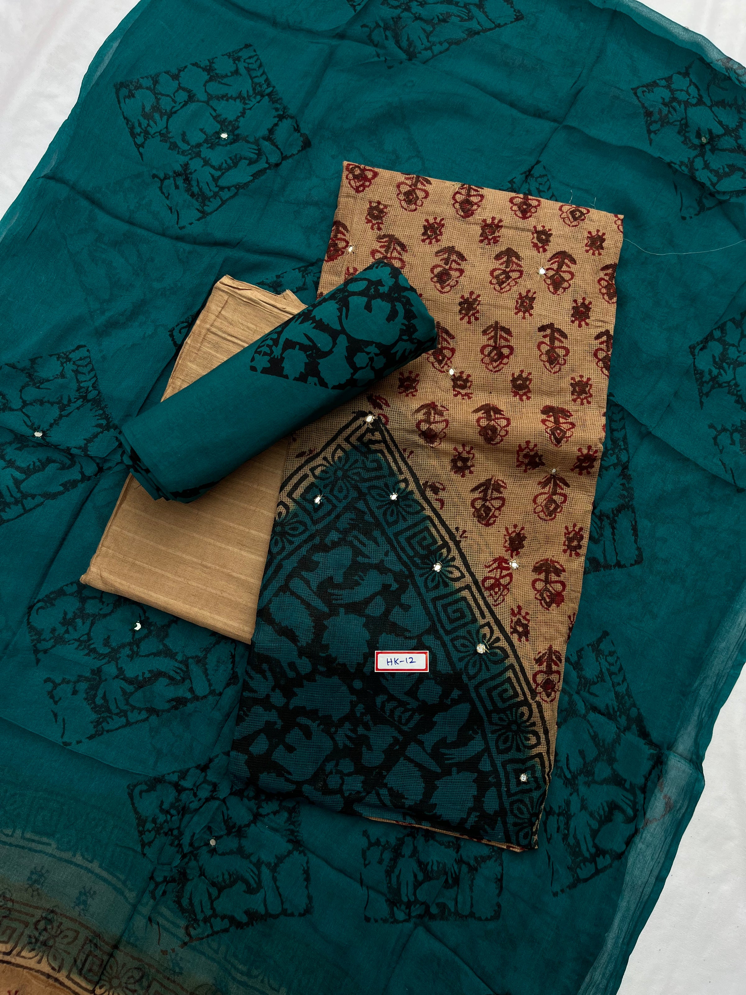 Mirror Work Kota Dress Material – Brown with Lining | Georgette Dupatta & Cotton Bottom | Festive & Party Wear Fabric Set