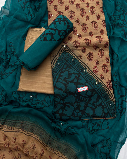 Mirror Work Kota Dress Material – Brown with Lining | Georgette Dupatta & Cotton Bottom | Festive & Party Wear Fabric Set