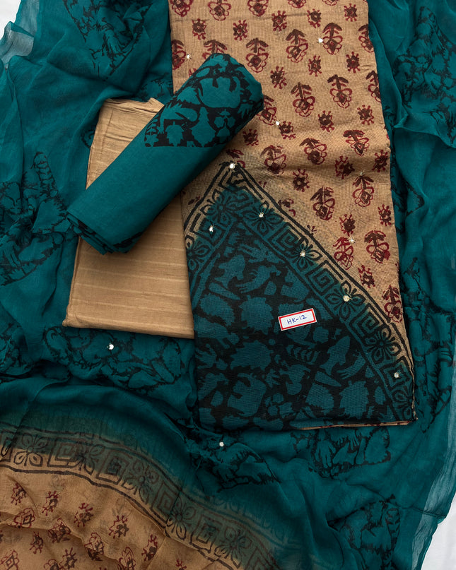 Mirror Work Kota Dress Material – Brown with Lining | Georgette Dupatta & Cotton Bottom | Festive & Party Wear Fabric Set