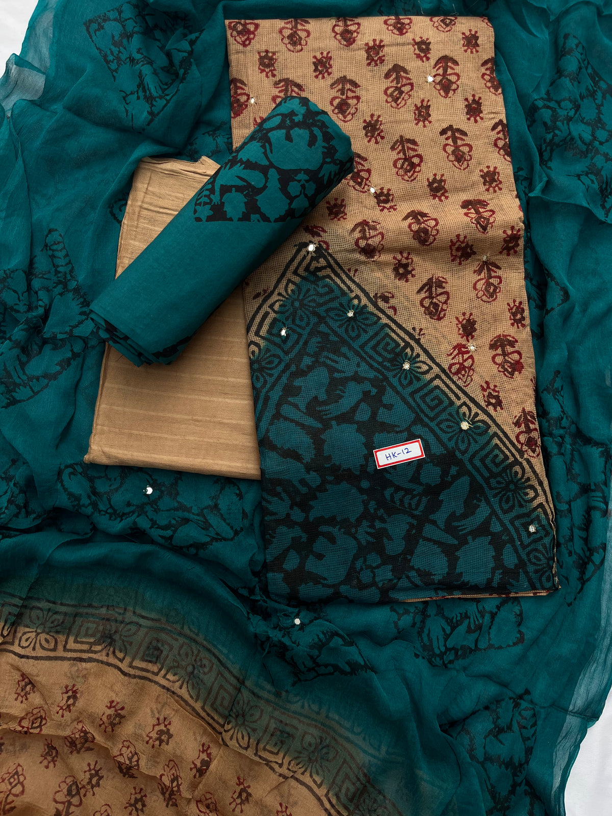 Mirror Work Kota Dress Material – Brown with Lining | Georgette Dupatta & Cotton Bottom | Festive & Party Wear Fabric Set