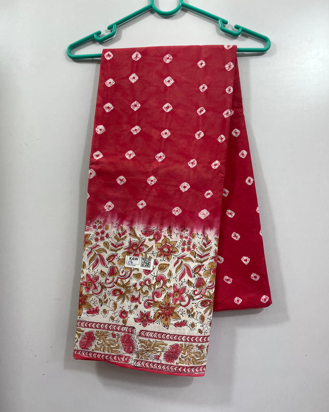 Small Bandhani 120Count Premium Cotton Saree With Pink Colour one side border