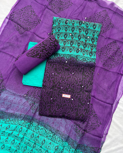 Mirror Work Kota Dress Material – Sea Blue with Lining | Georgette Dupatta & Cotton Bottom | Festive & Party Wear Fabric Set