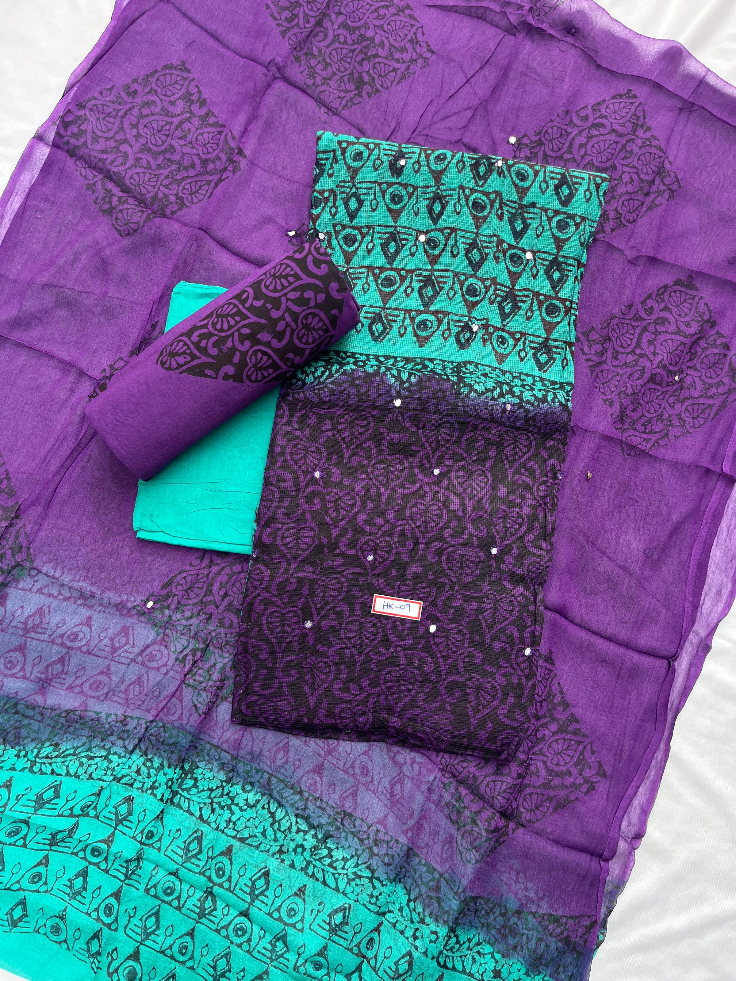 Mirror Work Kota Dress Material – Sea Blue with Lining | Georgette Dupatta & Cotton Bottom | Festive & Party Wear Fabric Set