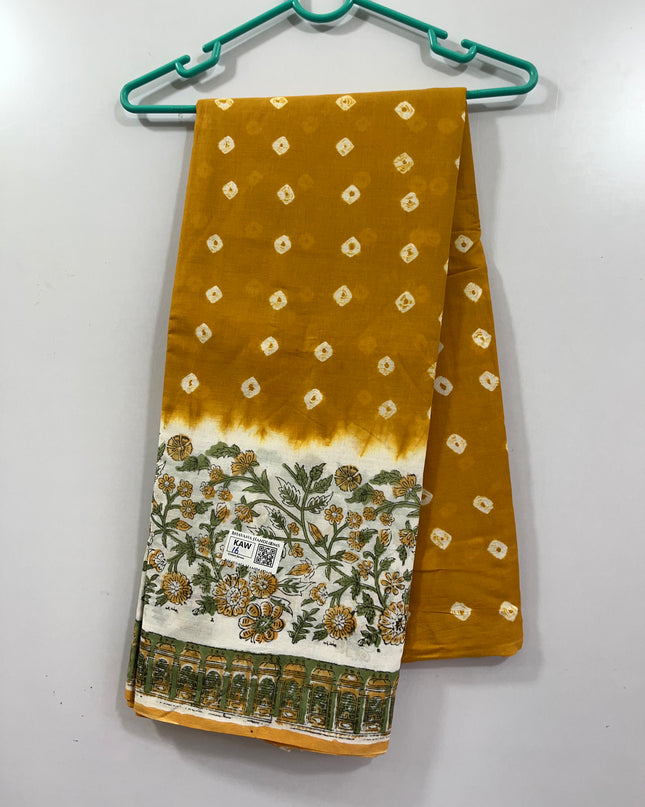 Small Bandhani 120Count  Premium Cotton Saree With Yellow Colour one side border