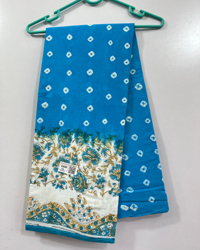 Small Bandhani 120Count Premium Cotton Saree With Sky Blue Colour one side border