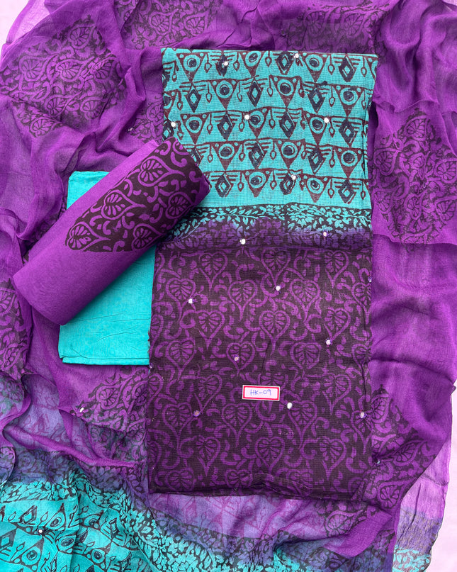 Mirror Work Kota Dress Material – Sea Blue with Lining | Georgette Dupatta & Cotton Bottom | Festive & Party Wear Fabric Set