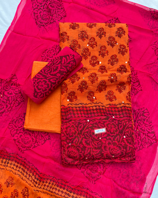 Mirror Work Kota Dress Material – Orange with Lining | Georgette Dupatta & Cotton Bottom | Festive & Party Wear Fabric Set