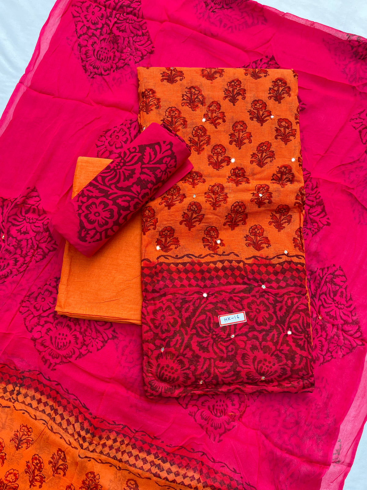 Mirror Work Kota Dress Material – Orange with Lining | Georgette Dupatta & Cotton Bottom | Festive & Party Wear Fabric Set