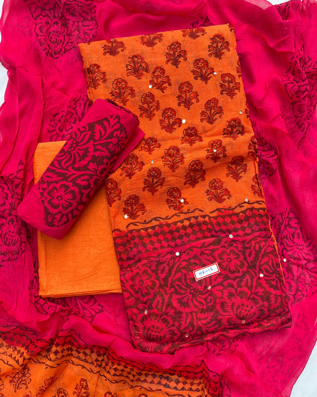 Mirror Work Kota Dress Material – Orange with Lining | Georgette Dupatta & Cotton Bottom | Festive & Party Wear Fabric Set