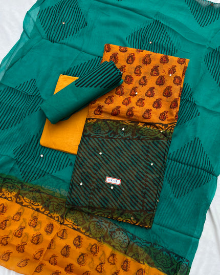 Mirror Work Kota Dress Material – Dark Yellow with Lining | Georgette Dupatta & Cotton Bottom | Festive & Party Wear Fabric Set