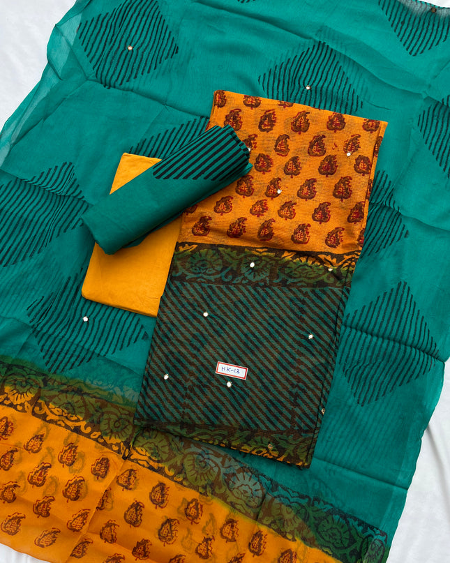 Mirror Work Kota Dress Material – Dark Yellow with Lining | Georgette Dupatta & Cotton Bottom | Festive & Party Wear Fabric Set