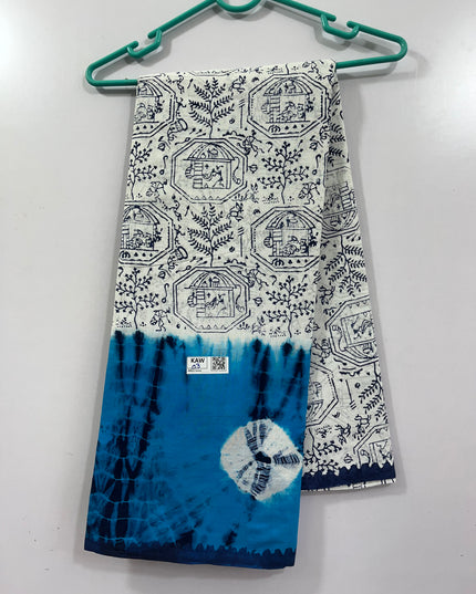 Bandhani 120Count White based Premium Cotton Saree With Sky Blue Colour one side border