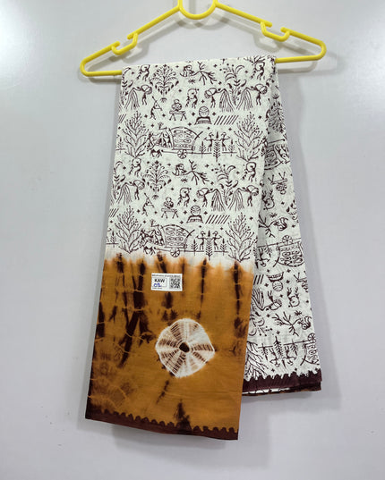 Bandhani 120Count White based Premium Cotton Saree With Yellow Colour one side border