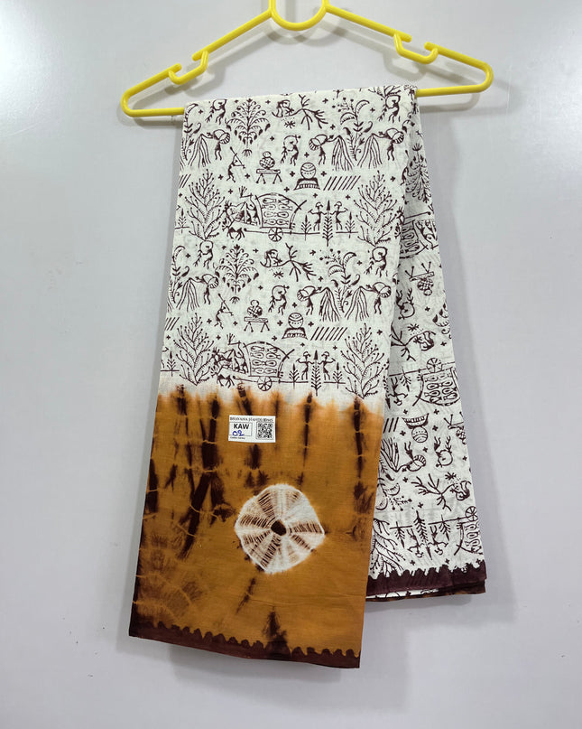 Bandhani 120Count White based Premium Cotton Saree With Yellow Colour one side border