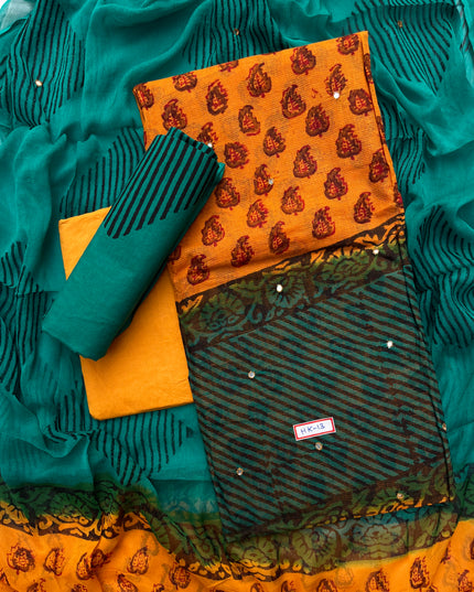 Mirror Work Kota Dress Material – Dark Yellow with Lining | Georgette Dupatta & Cotton Bottom | Festive & Party Wear Fabric Set