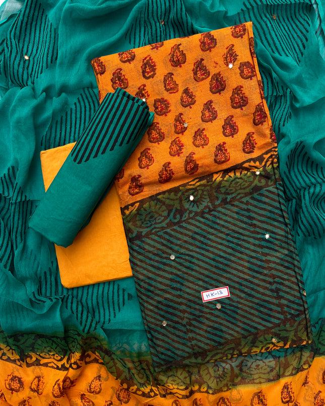 Mirror Work Kota Dress Material – Dark Yellow with Lining | Georgette Dupatta & Cotton Bottom | Festive & Party Wear Fabric Set