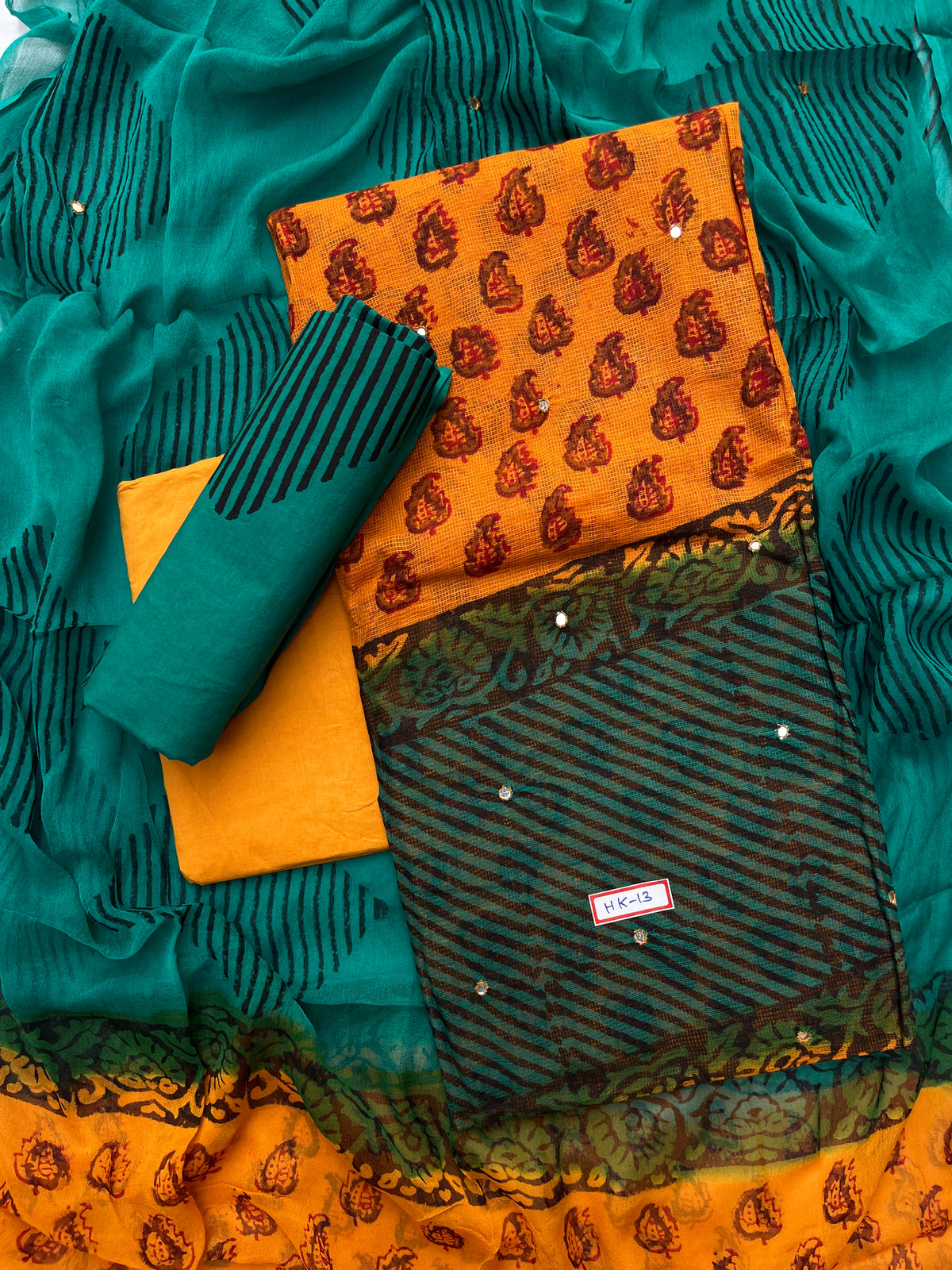 Mirror Work Kota Dress Material – Dark Yellow with Lining | Georgette Dupatta & Cotton Bottom | Festive & Party Wear Fabric Set