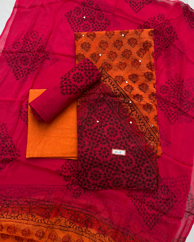 Mirror Work Kota Dress Material – Orange with Lining | Georgette Dupatta & Cotton Bottom | Festive & Party Wear Fabric Set