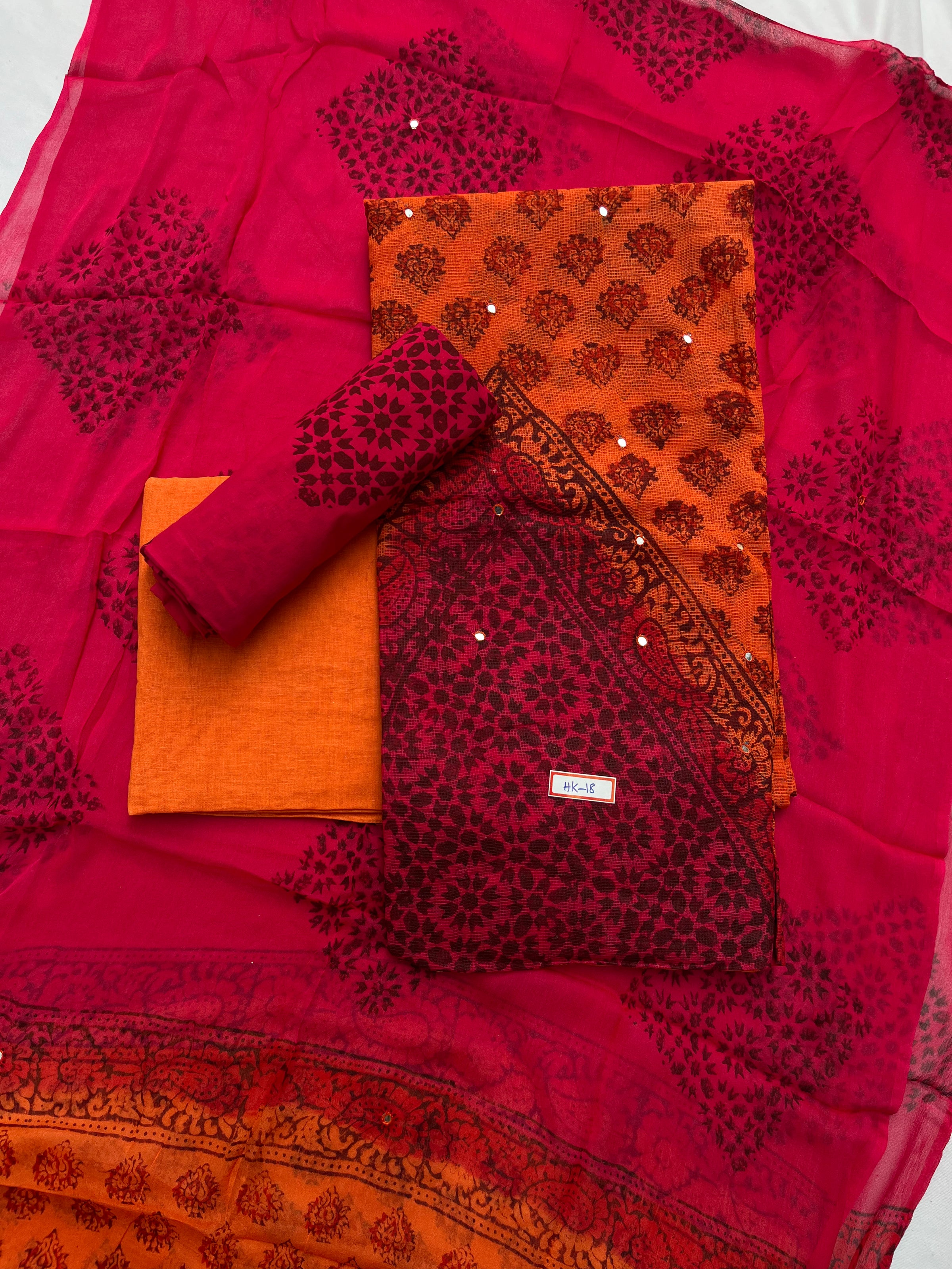 Mirror Work Kota Dress Material – Orange with Lining | Georgette Dupatta & Cotton Bottom | Festive & Party Wear Fabric Set