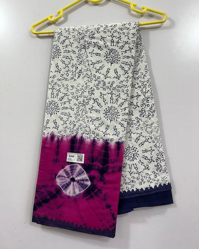 Bandhani 120Count White based Premium Cotton Saree With Pink Colour one side border
