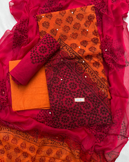 Mirror Work Kota Dress Material – Orange with Lining | Georgette Dupatta & Cotton Bottom | Festive & Party Wear Fabric Set