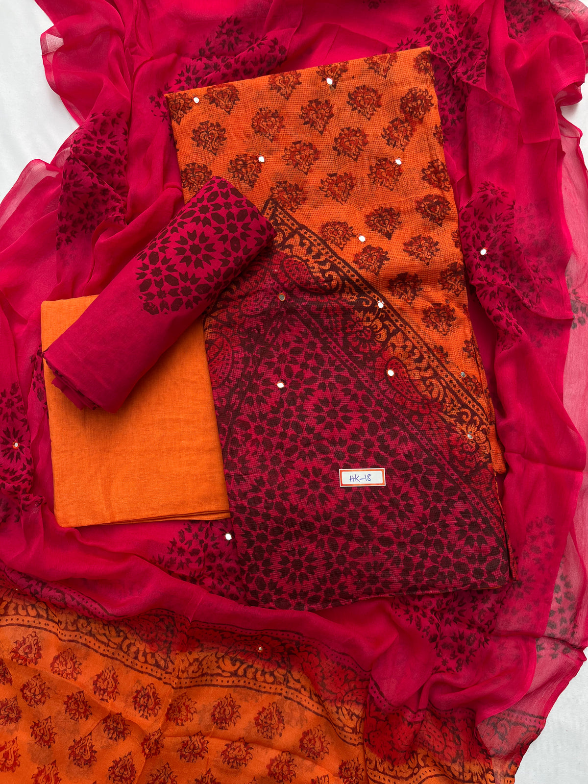 Mirror Work Kota Dress Material – Orange with Lining | Georgette Dupatta & Cotton Bottom | Festive & Party Wear Fabric Set