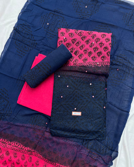 Mirror Work Kota Dress Material – Dark Pink with Lining | Georgette Dupatta & Cotton Bottom | Festive & Party Wear Fabric Set
