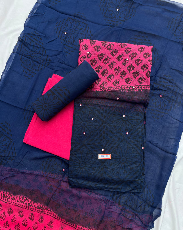 Mirror Work Kota Dress Material – Dark Pink with Lining | Georgette Dupatta & Cotton Bottom | Festive & Party Wear Fabric Set