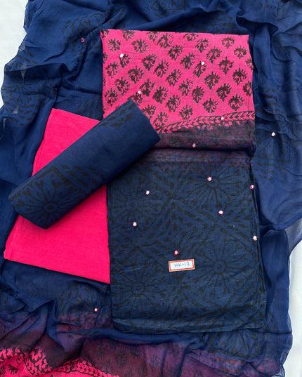 Mirror Work Kota Dress Material – Dark Pink with Lining | Georgette Dupatta & Cotton Bottom | Festive & Party Wear Fabric Set