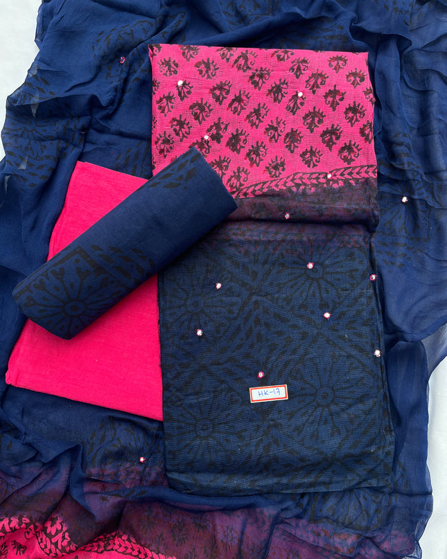 Mirror Work Kota Dress Material – Dark Pink with Lining | Georgette Dupatta & Cotton Bottom | Festive & Party Wear Fabric Set