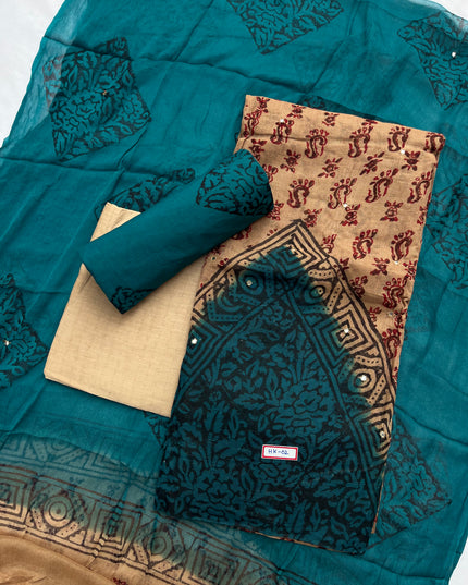 Mirror Work Kota Dress Material – Brown with Lining | Georgette Dupatta & Cotton Bottom | Festive & Party Wear Fabric Set