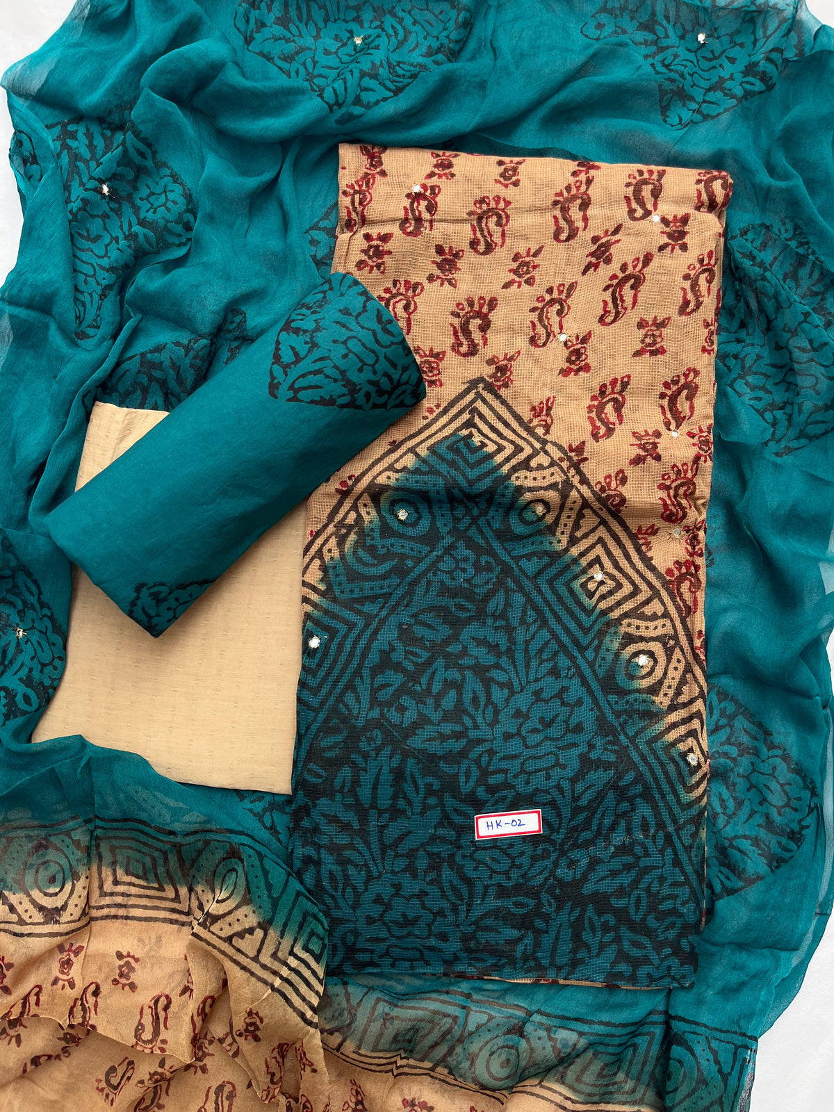 Mirror Work Kota Dress Material – Brown with Lining | Georgette Dupatta & Cotton Bottom | Festive & Party Wear Fabric Set