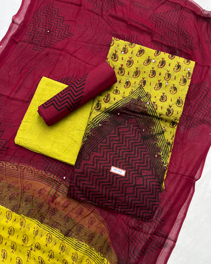 Mirror Work Kota Dress Material – Light Gren with Lining | Georgette Dupatta & Cotton Bottom | Festive & Party Wear Fabric Set