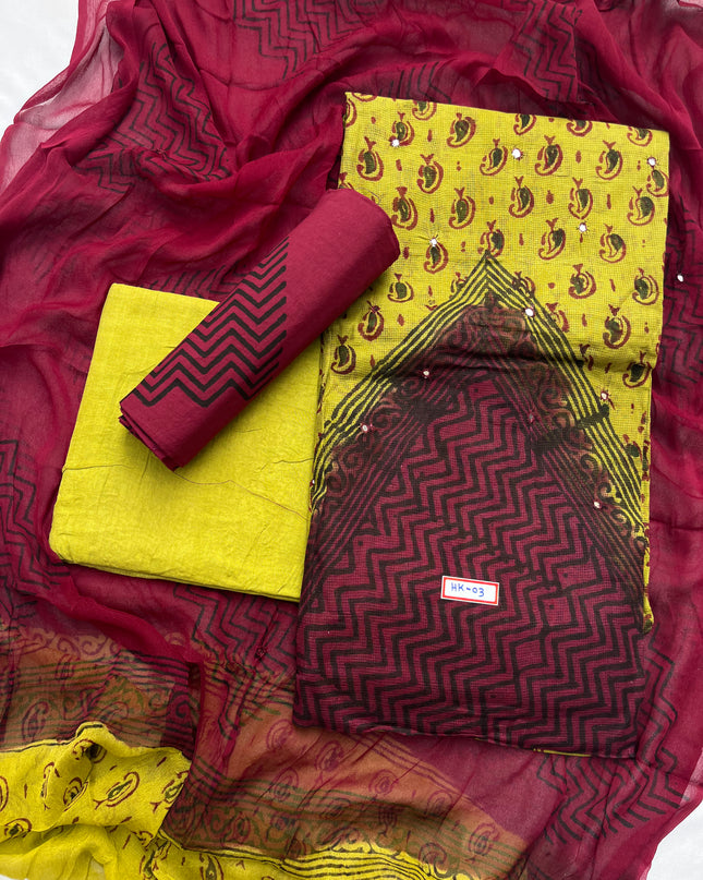 Mirror Work Kota Dress Material – Light Gren with Lining | Georgette Dupatta & Cotton Bottom | Festive & Party Wear Fabric Set