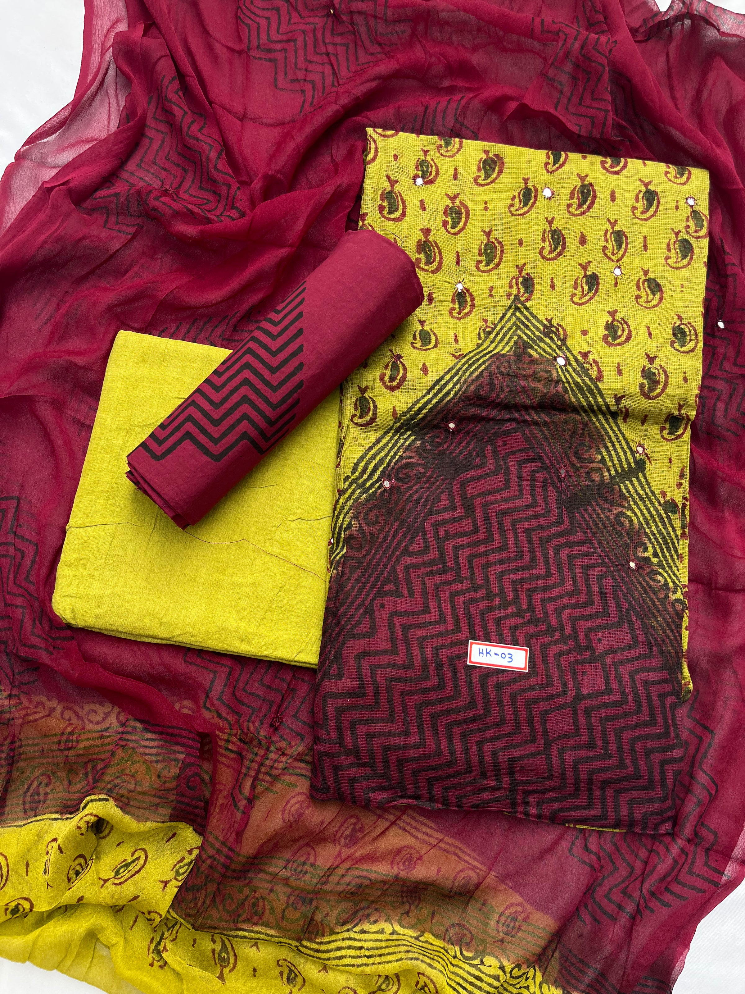 Mirror Work Kota Dress Material – Light Gren with Lining | Georgette Dupatta & Cotton Bottom | Festive & Party Wear Fabric Set