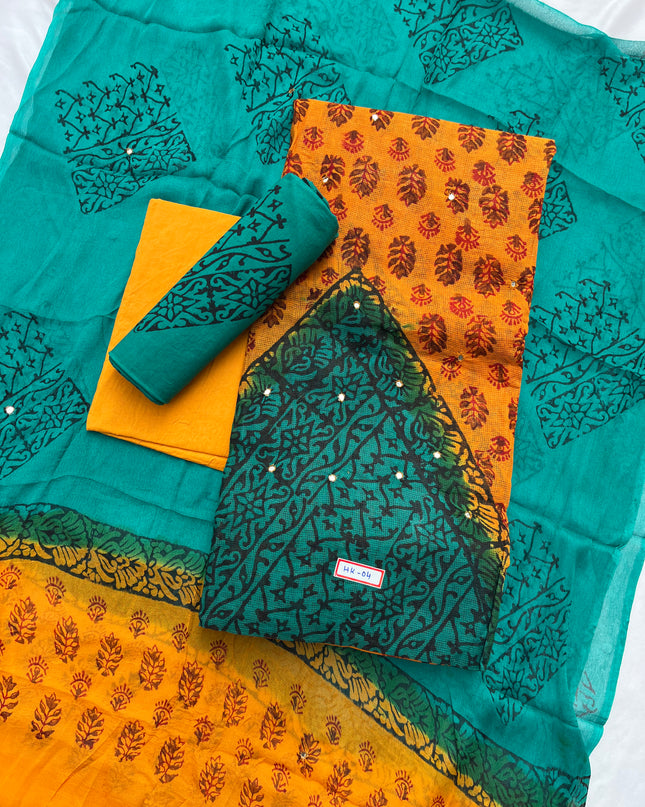 Mirror Work Kota Dress Material – Yellow with Lining | Georgette Dupatta & Cotton Bottom | Festive & Party Wear Fabric Set