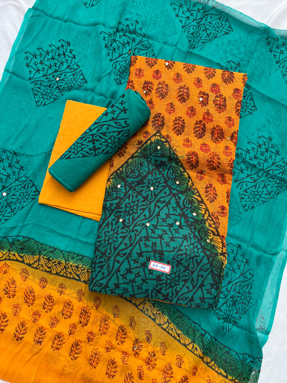 Mirror Work Kota Dress Material – Yellow with Lining | Georgette Dupatta & Cotton Bottom | Festive & Party Wear Fabric Set