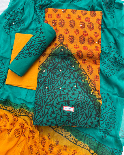 Mirror Work Kota Dress Material – Yellow with Lining | Georgette Dupatta & Cotton Bottom | Festive & Party Wear Fabric Set