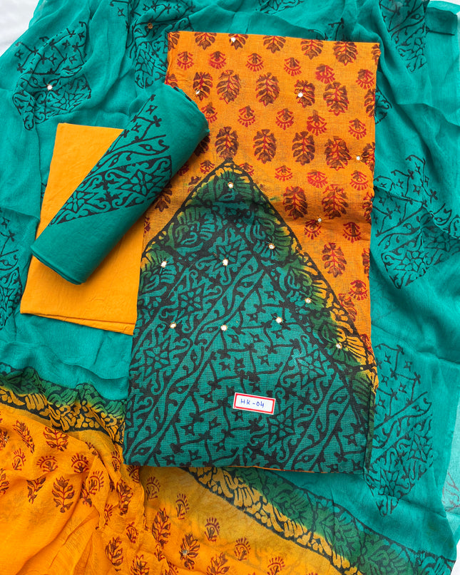 Mirror Work Kota Dress Material – Yellow with Lining | Georgette Dupatta & Cotton Bottom | Festive & Party Wear Fabric Set